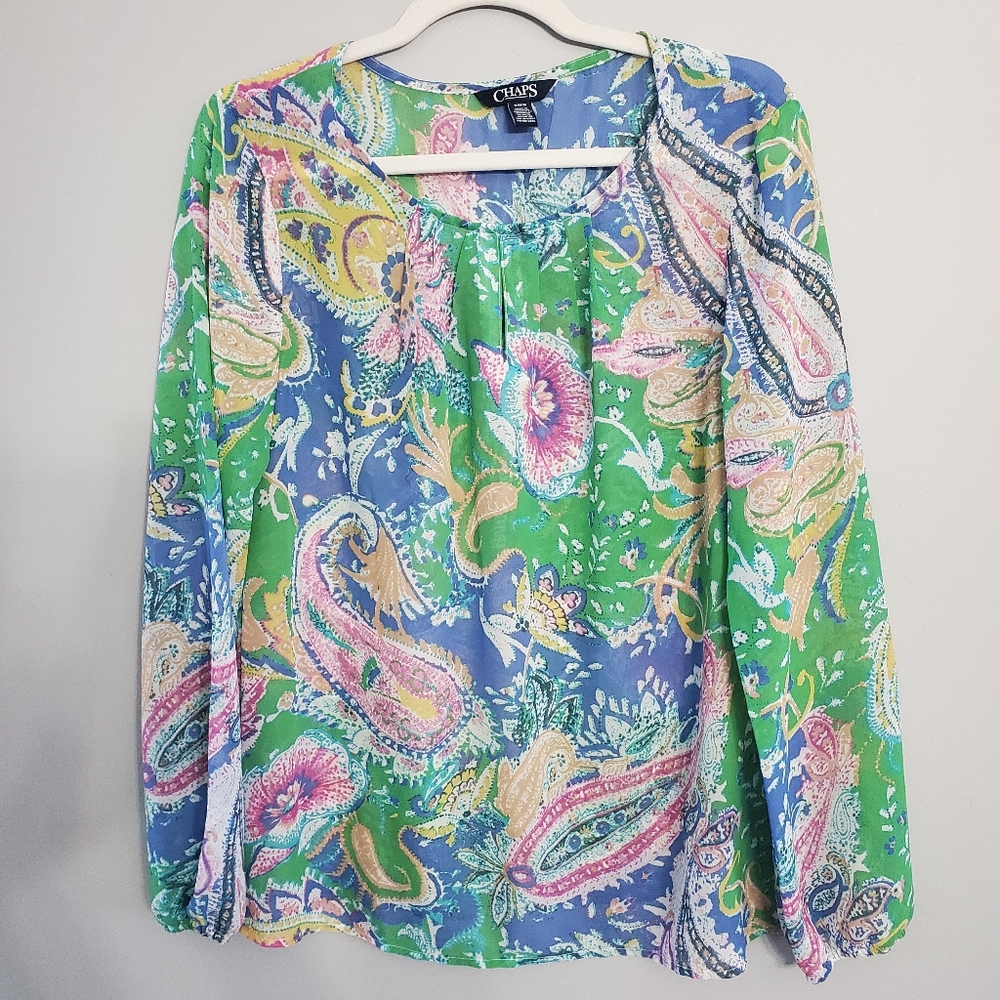 Chaps Woman's Paisley Floral Beach Resort wear Multicolor Sheer Blouse Size Med.